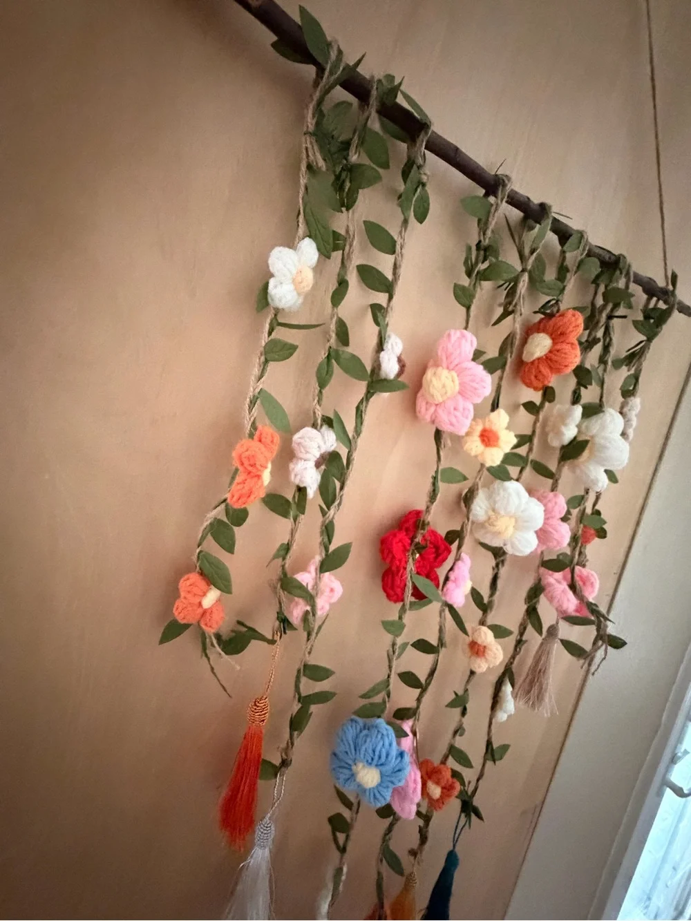 Boho style floral wall hanging with beautiful knit flowers with twine (set of 3)